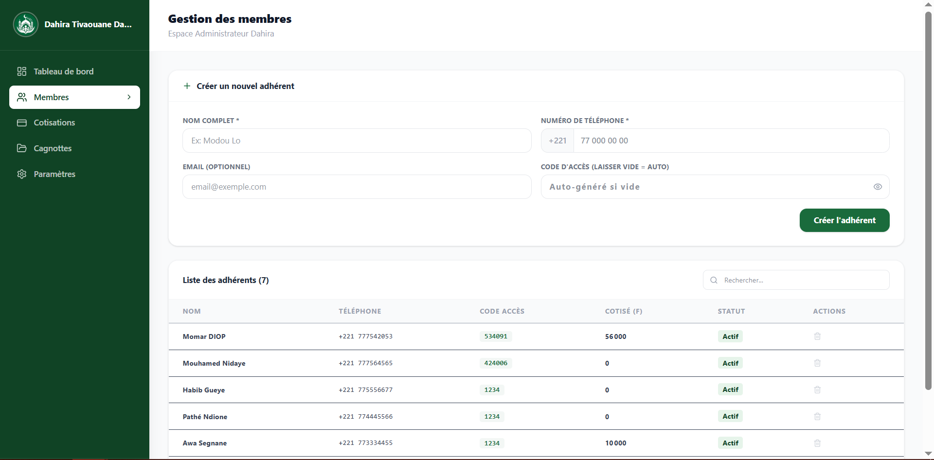 DahiraConnect - Tableau de bord administrateur